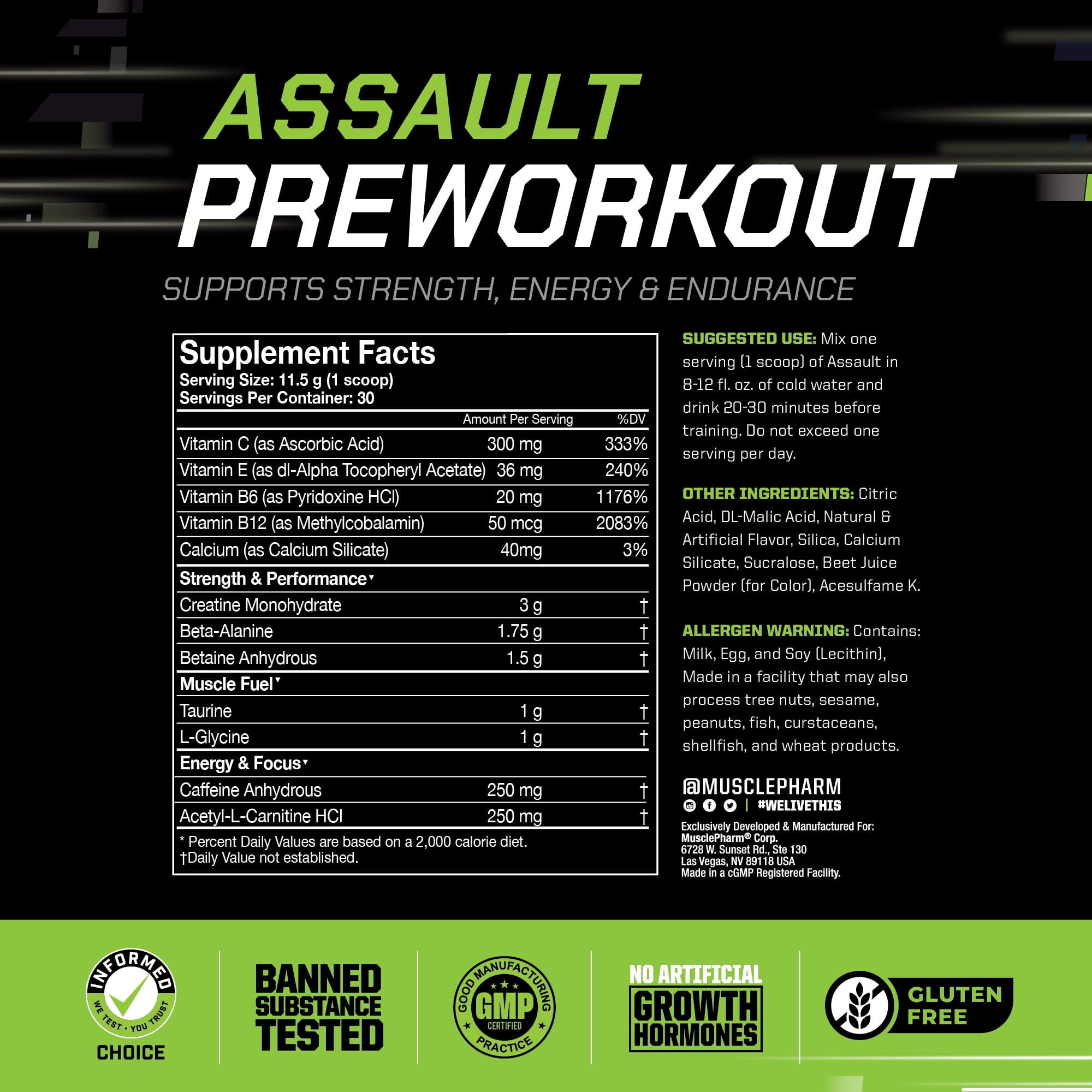 MusclePharm Assault Pre Workout Powder, Watermelon, 30 Servings