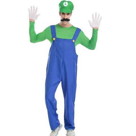 Green Plumber Halloween Costume Adult Unisex Jumpsuit Video Game Character Cosplay Outfit with Buttons and White Gloves Pajama Onesie Size M