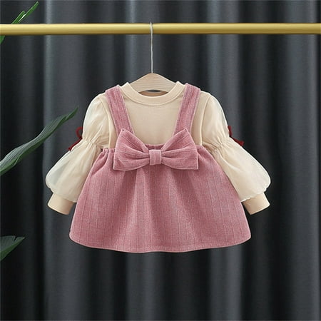 

ZMHEGW Toddler Fall Outfits Kids Child Baby Girls Long Ruffled Bubble Sleeve Patchwork Blouse Top Bowknot Solid Suspender Skirt Set 2Pcs Clothes Outfits Set