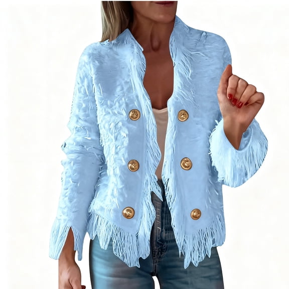 Gfyviroh Women's Trendy Jackets Solid Color Tassel Knitted Jackets Button Lightweight Casual Long Sleeve Outerwear