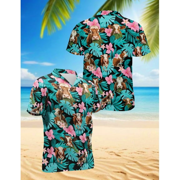 Hereford Cattle Lovers Hawaiian Shirt for Men, Button Down Summer Beach Short Sleeve, Tropical Style, Sizes S-5XL