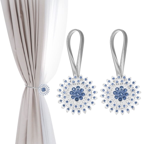 Magnetic Curtain Tie Backs, 2 Pack Sparkling Rhinestone Flower Curtain Tiebacks Crystal Drapery Holdbacks Buckle for Home Office, Blue Silver