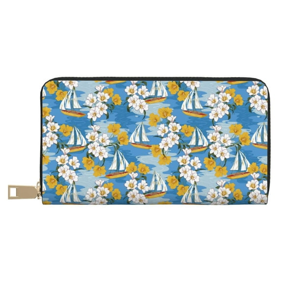 Leather Thin Slim Wallets for Women Men - Flower and Sail Boat Clutch Card Wallet for Women Men with Zipper