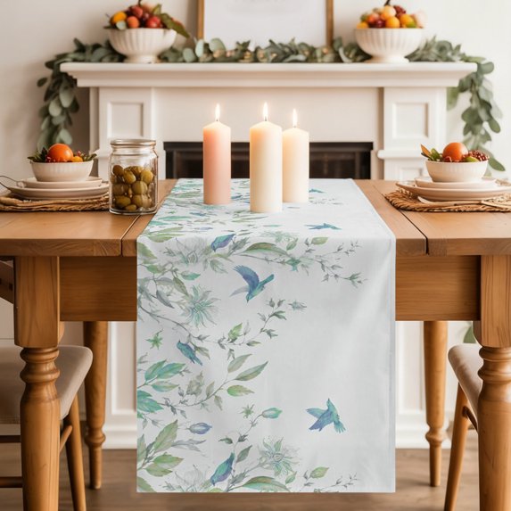 Table Runners 70 Inches Long Dress Scarves, Green Leaves Farmhouse Coffee/Dining/Kitchen Table Decor, Holiday Table Runner, Farmhouse Watercolor Botanical Vines Birds 13x70 Inch