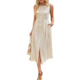 thumbnail image 3 of Women'S Crew Neck Solid Color Sleeveless Button Down Boho Dress Beige XL, 3 of 9