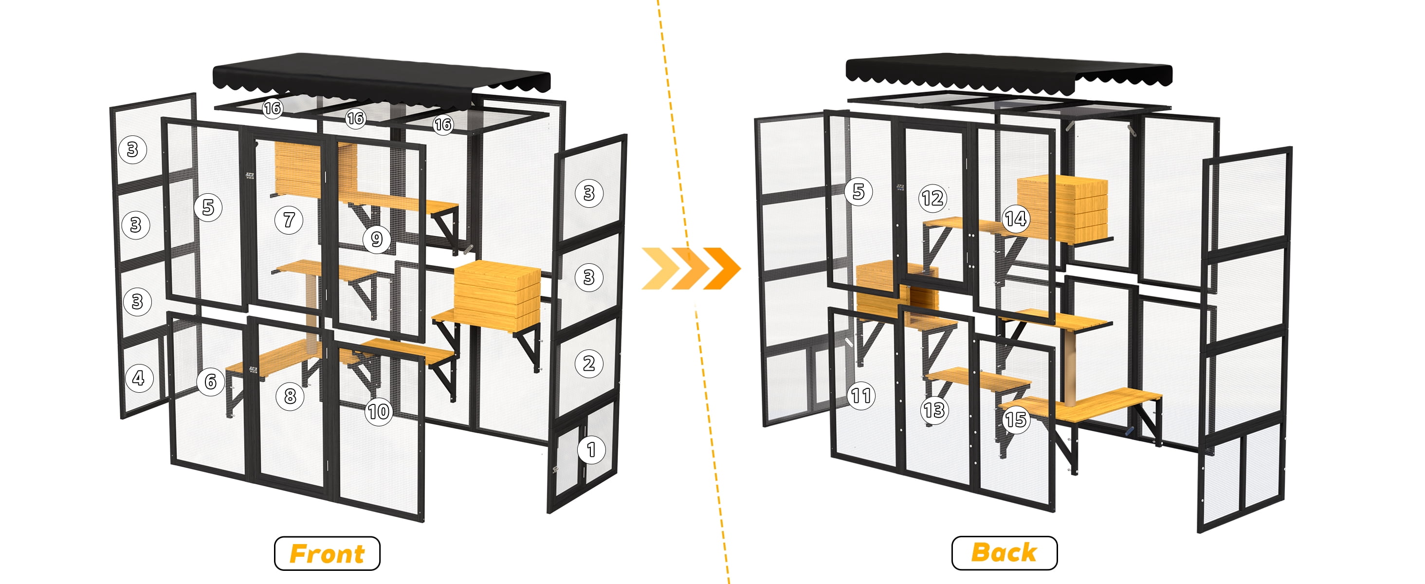 Generic Cat Catio Outdoor Enclosure - Large Wooden Walk-in Cat House - 2 Condos, 5 Platforms, Weatherproof Roof