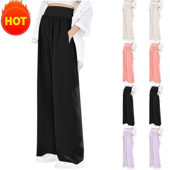 Taqqpue Women's Maternity Pants Over The Belly Pregnancy Pants Solid Color Stretchy Loose Wide Leg Lounge Work Pants with Pockets for Women