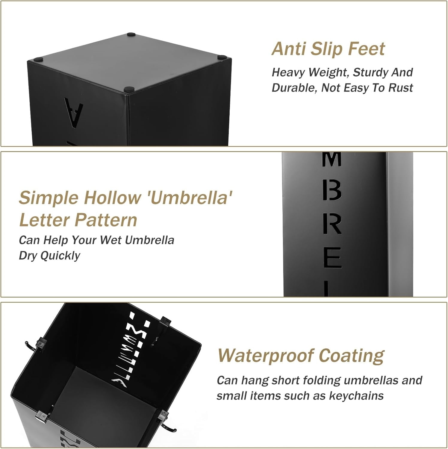 ZWHong 1 pack Metal Umbrella Holder for Entryway, Square Umbrella Stand with Decorative Monogram, Waterproof Free Standing Organizer for Wet Umbrellas, Walking Sticks, Canes, Black
