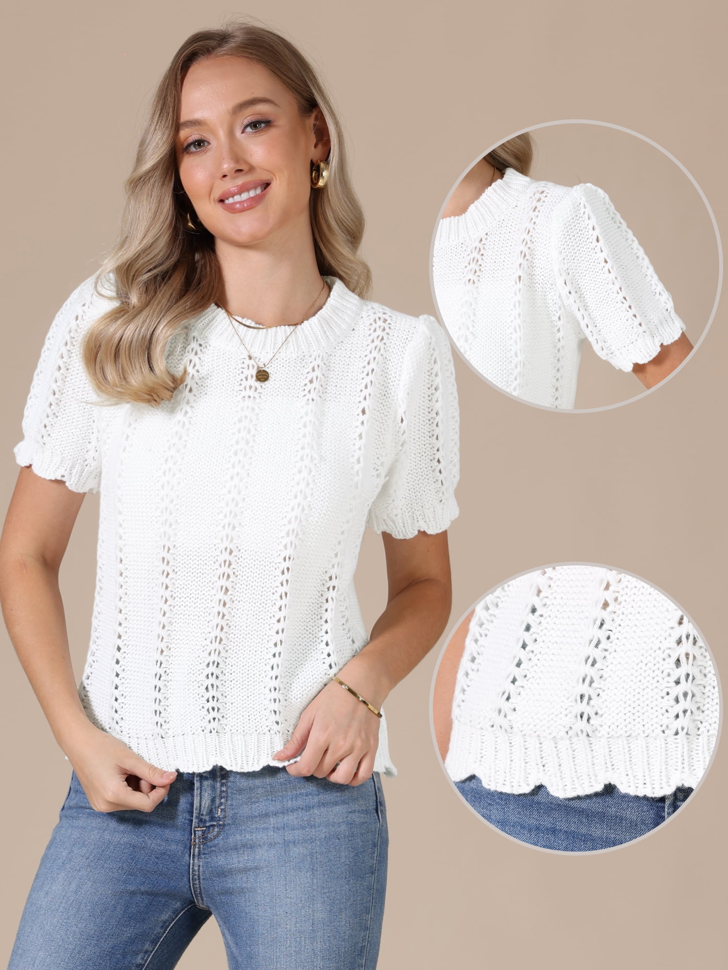 DARING DIVA Women's Crochet Knit Top Short Sleeve Crew Neck Eyelet Embroidery L White