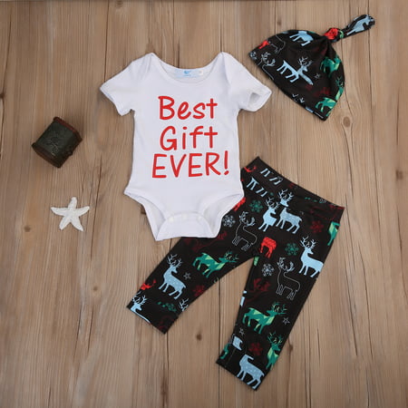 Baby Girl Boy Short Sleeve Best Gift Ever Bodysuit + Deer Pants + Hat Christmas Outfit