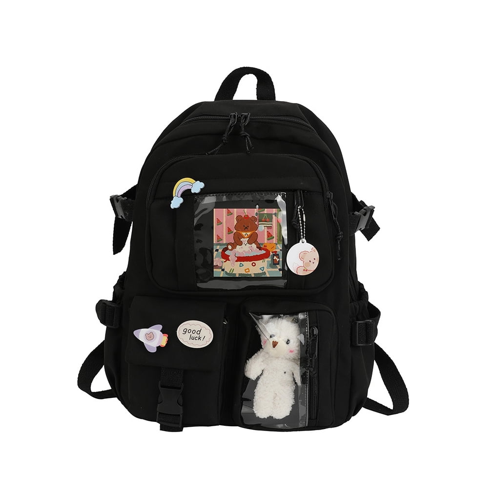 Destyer 1 2 3 Nylon School Backpack With Big Capacity Wide Applicable Occasion Women Backpack School Bag black with Badge pendant 1 Pc