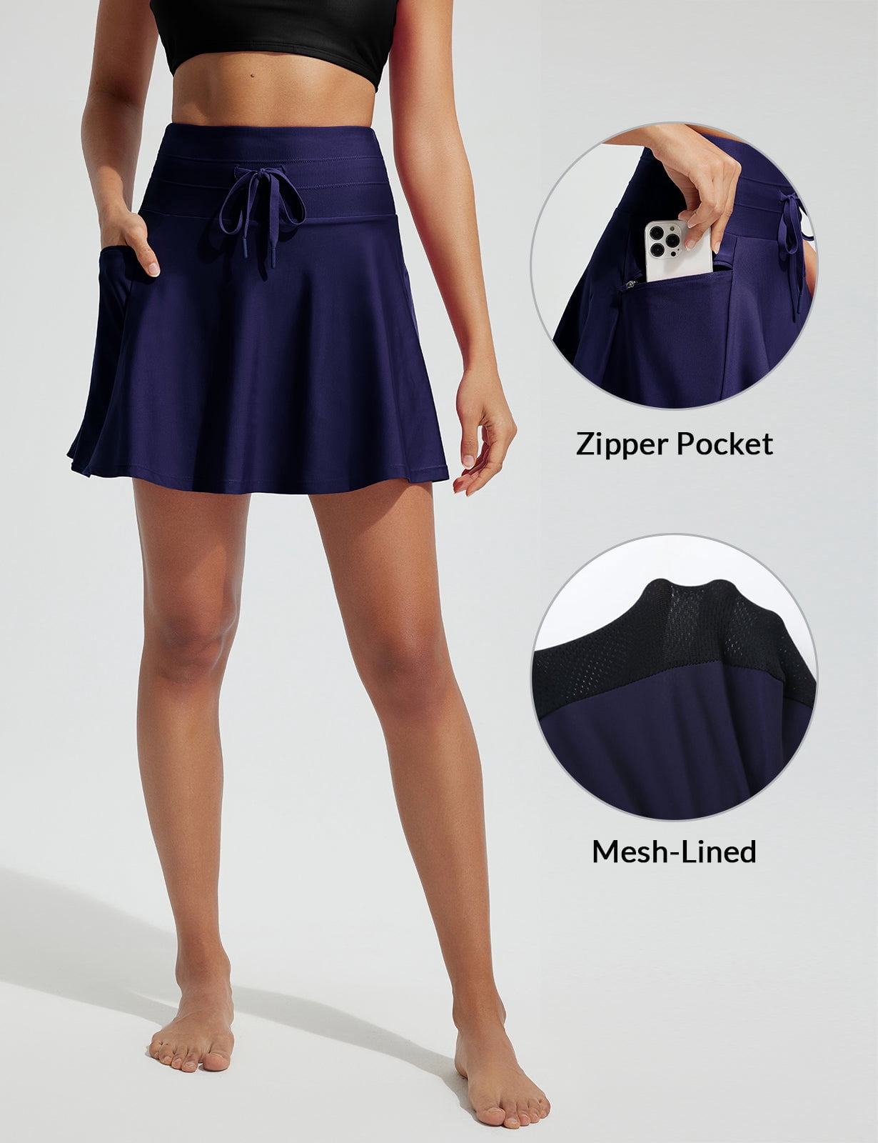 BALEAF Women's Swim Skirt with Boxer Liner High Waisted Tummy Control Modest Tankini Swimsuits Zipper Pocket Skorts Bathing Suit Flowy Swimming Bottoms Navy Blue M