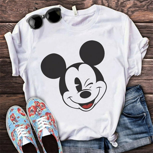 Mickey Mouse Disney 100% Cotton T-shirt Print Women Harajuku Aesthetic Streetwear White Tops New Summer Fashion Free ShippingXS Gao Jinjia LED
