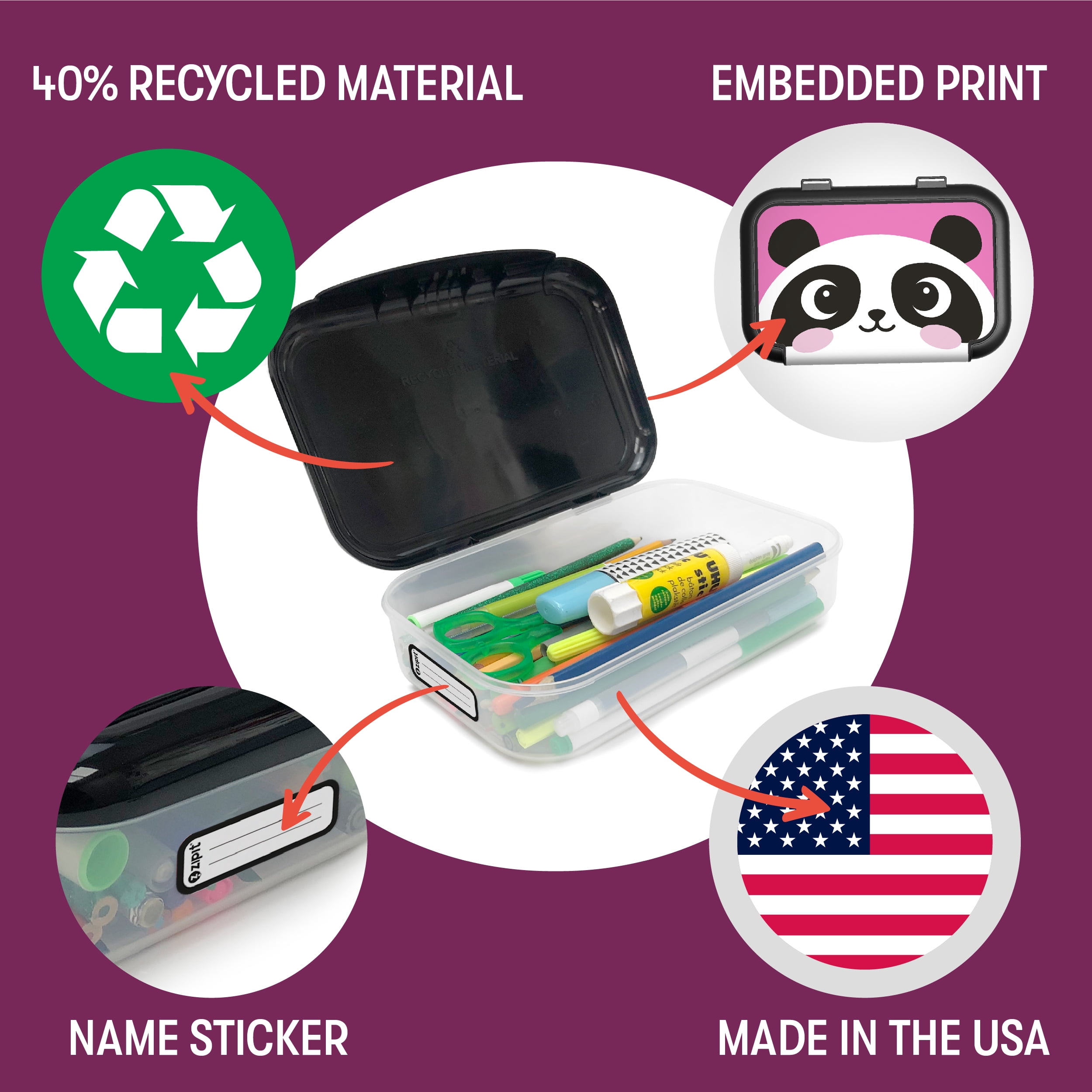 ZIPIT Recycled Plastic Pencil Box for Kids, Elementary School Box, Pink Panda