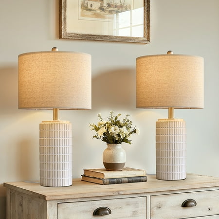 Oneach White Ceramic Table Lamps Set of 2 for Living Room Bedroom 23 Rustic Bedside Nightstand Lamps with Linen Lamp Shades