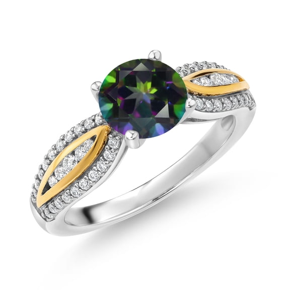 Gem Stone King 925 Silver and 10K Yellow Gold Green Mystic Topaz and White Lab Grown Diamond Engagement Ring for Women | 1.55 Cttw | Round 7MM | Gemstone November Birthstone | Size 5
