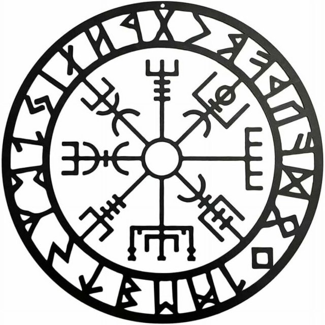 Arte de pared con brújula vikinga, esculturas de brújula nórdica, colgante de pared de metal hueco negro para dormitorio, decoración de pared de metal para dormitorio moderno (28 cm)