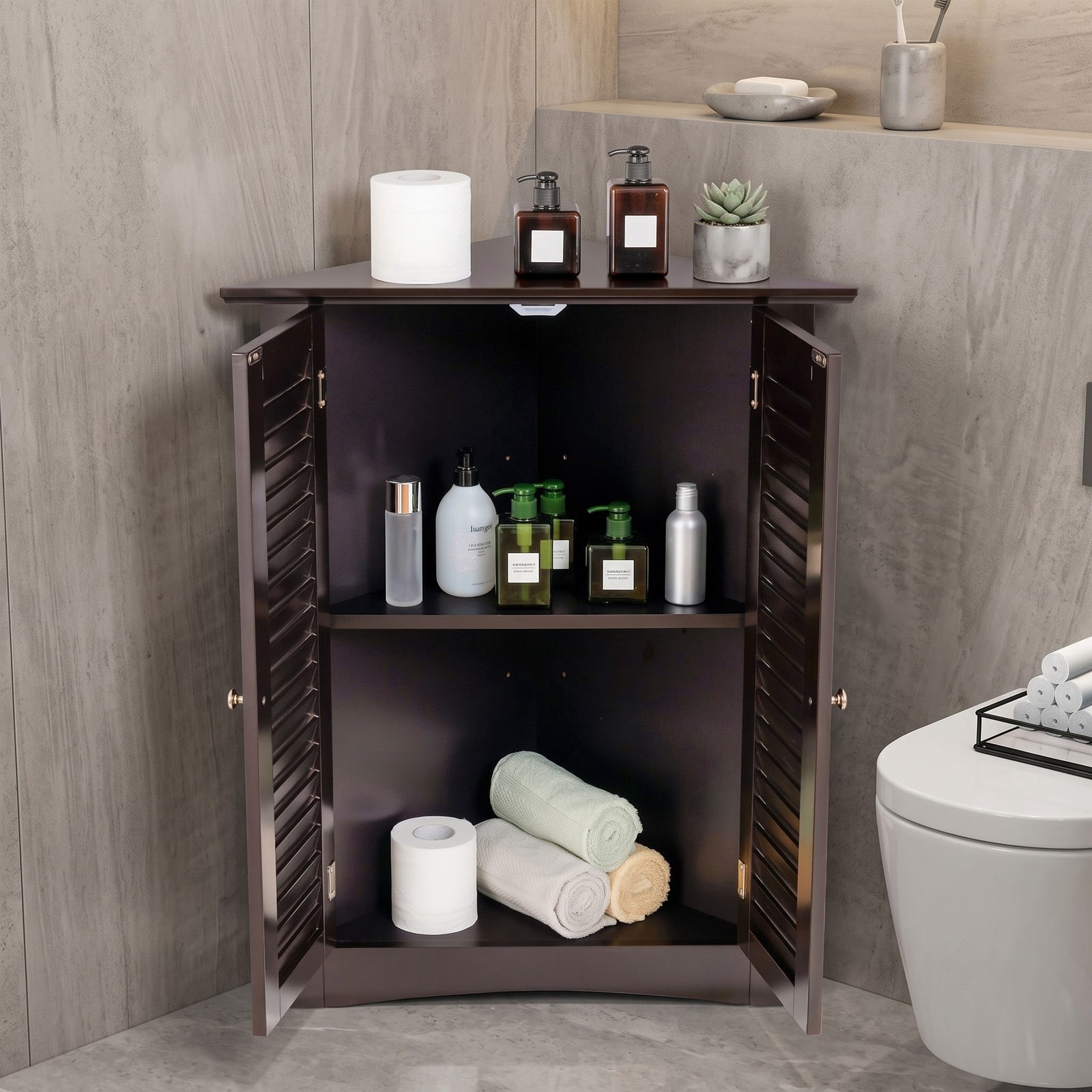 Fenbeli Bathroom Corner Floor Cabinet, Freestanding Wooden Storage Organizer with Shutter Door and Adjustable Shelf, Anti-Tipping Space-Saving Unit for Bathroom, Brown
