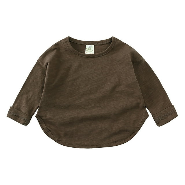 Hjtefg Girls Long Sleeve Tunic Top, Soft Arc Hem Shirt with Side Slits, Korean Style Relaxed Fit Blouse for Spring and Autumn, Textured Fabric Round Neck Tee,Color: 2-Brown Size: 3-4 Years