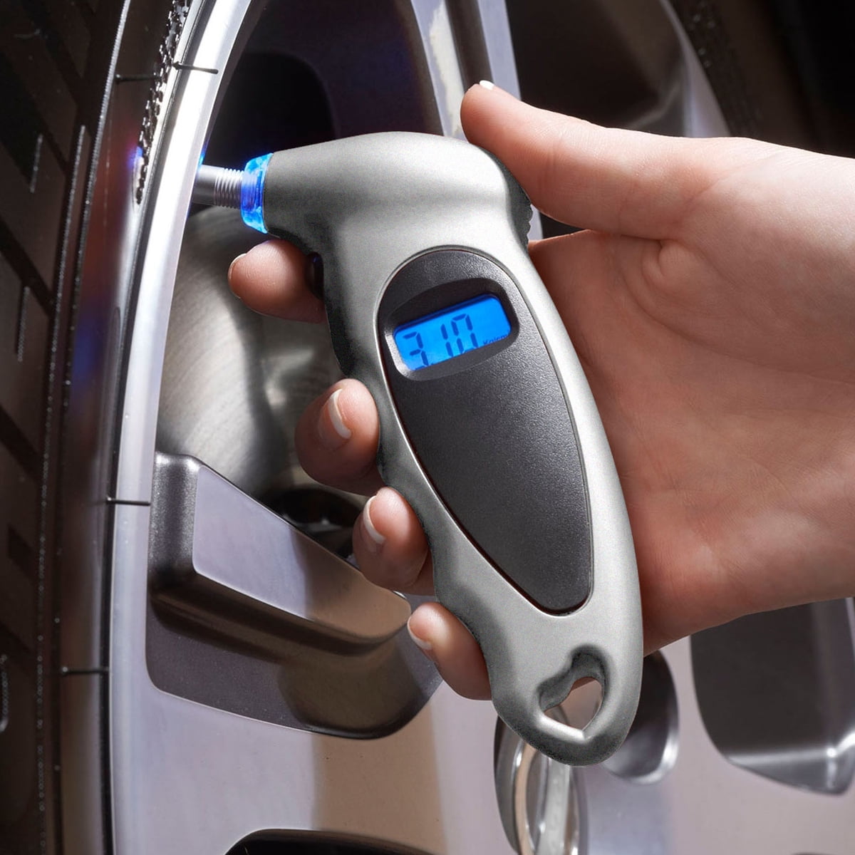 Ford Mustang GT Silver Digital Tire Pressure Gauge with LED-Backlit LCD Display