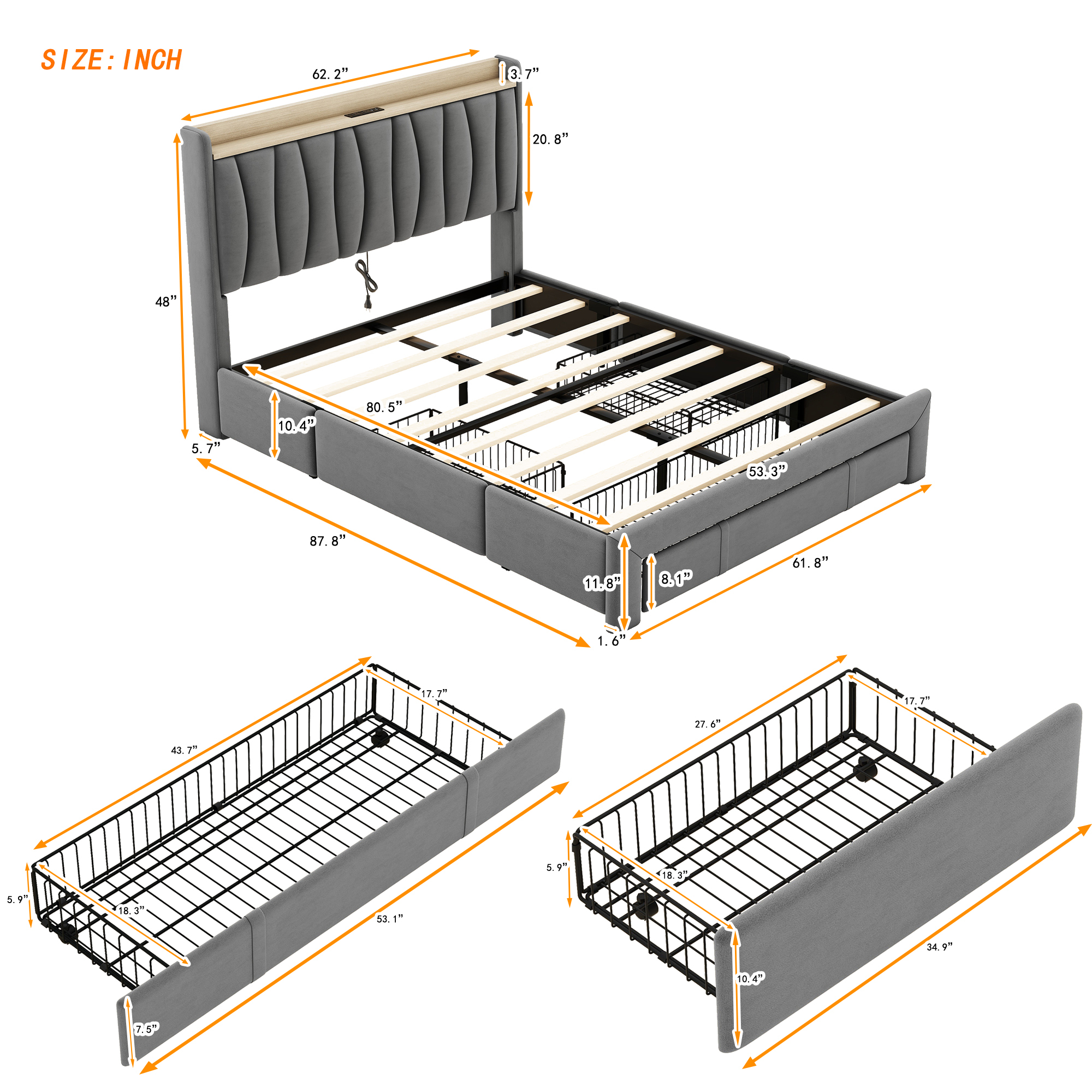 Leumius Queen Size Bed Frame with Storage Headboard & USB Charging Station,Upholstered Platform Bed with 3 Storage Drawers,No Box Spring Needed,Dark Gray