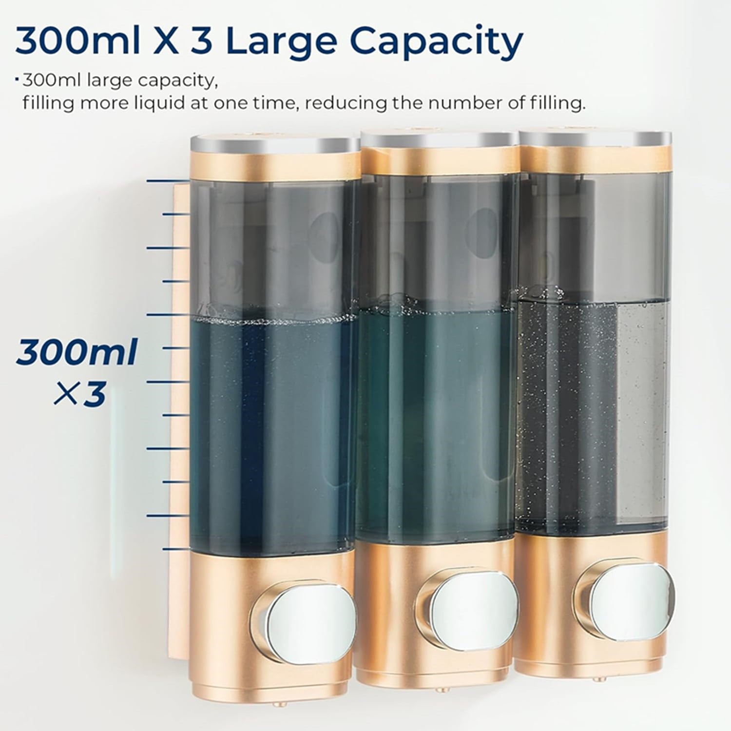 Shampoo and Conditioner Dispenser, Shower Soap Dispenser 3 Chamber No Drill Shampoo Dispenser for Shower Wall Mounted Shampoo Conditioner Body Wash Dispenser for Bathroom, Hotel Gold