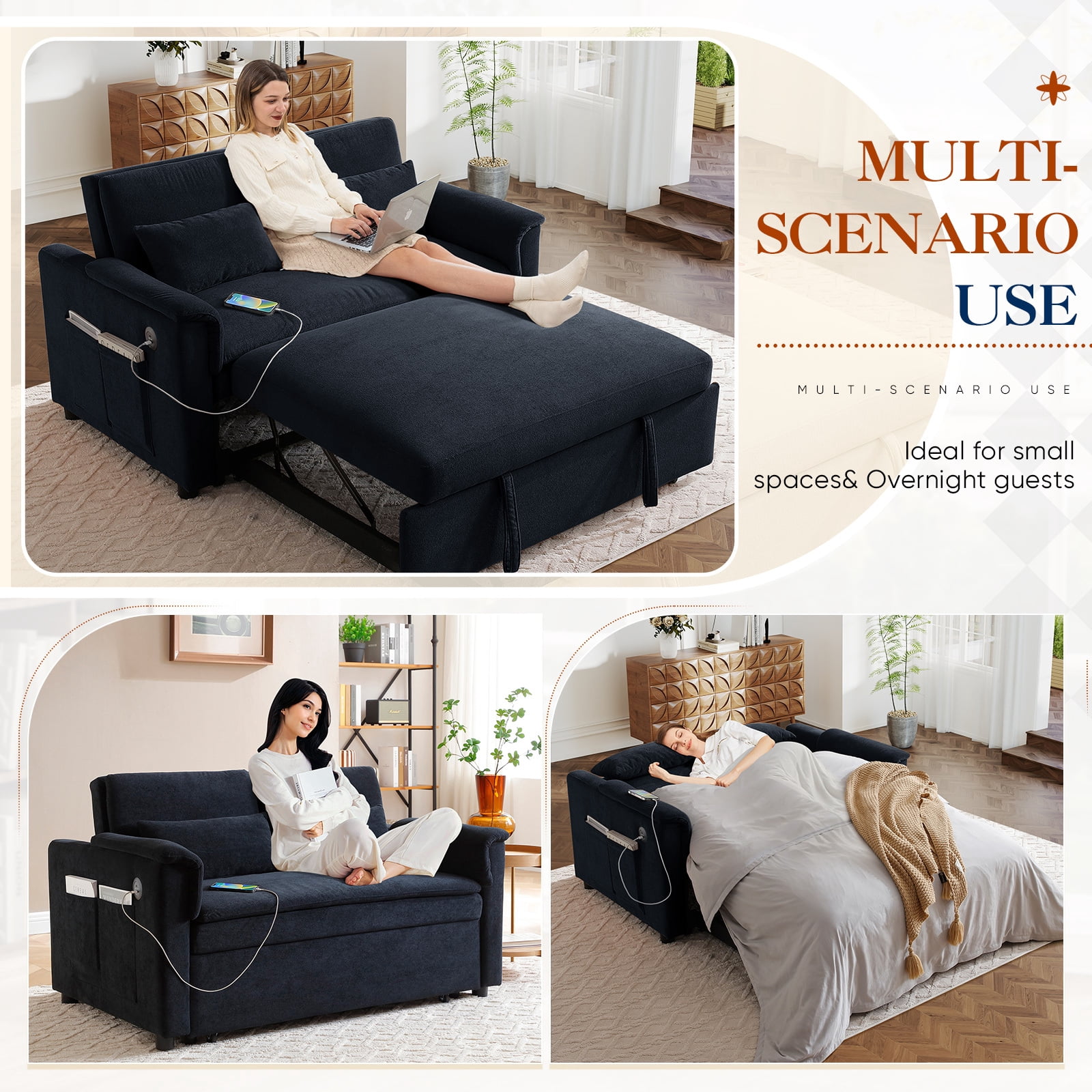 Lunale Convertible Sofa Bed with USB, 55" Loveseat Sleeper for Living Room, Apt, Black Velvet