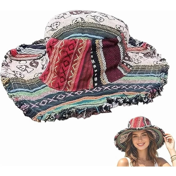 Vintage Shapeable Wide Brim Sun Bucket Hats, Frayed Patchwork Bucket Hat, Boho Multicolored Mushroom Hemp Hat for Men Women(Q)
