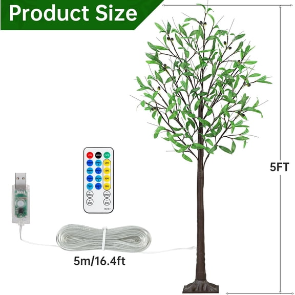 Lighted Olive Trees Artificial 5ft 90 LED Lights for Decoration Inside Outside, Prelit Fake Tree with 18 Fruits 180 Leaves Remote Electric Greenery Lights for Christmas Wedding Holiday Home Decor