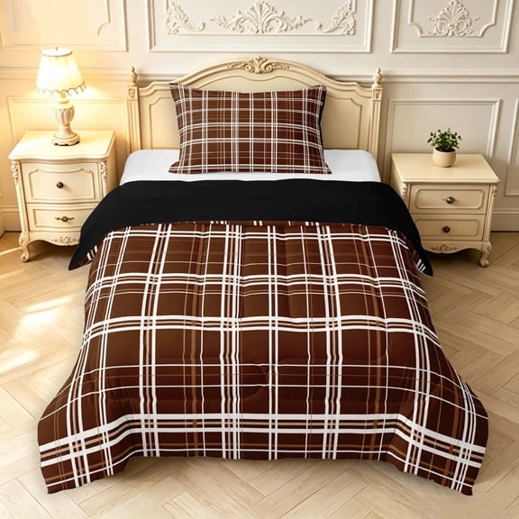 Manfei Classic Checkered Twin Comforter Sets,Rustic Plaid Bedding Set,Brown White,Black Reversible,2 Pieces,1 Comforter and 1 Pillowcase,2 Pieces,1 Comforter and 1 Pillowcase