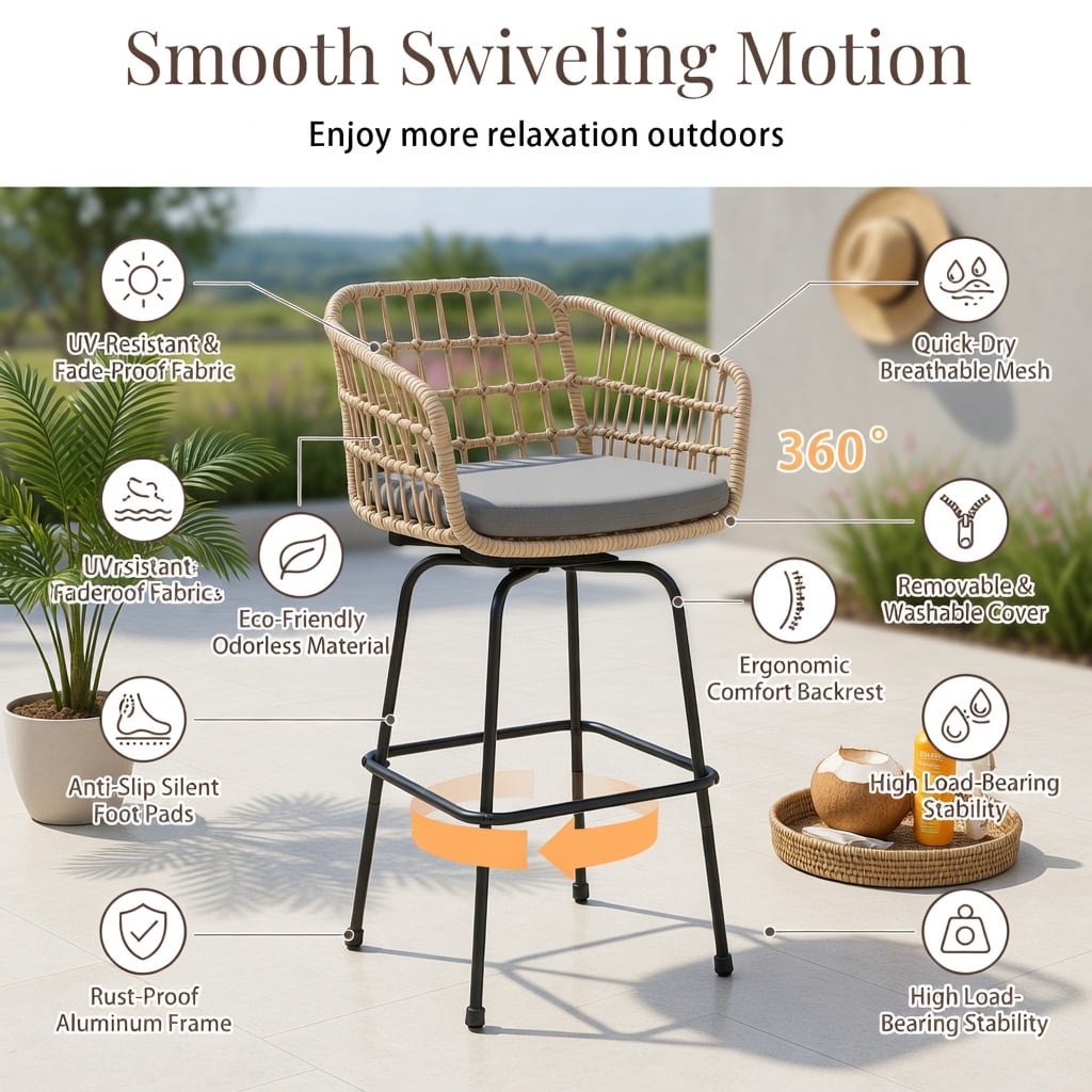 Hommoo 2-Pack Modern Swivel Bar Stools with Cushions & Light Brown PE Rattan, Heavy-Duty Outdoor Patio Barstools for Backyard, Balcony, Poolside, Gray