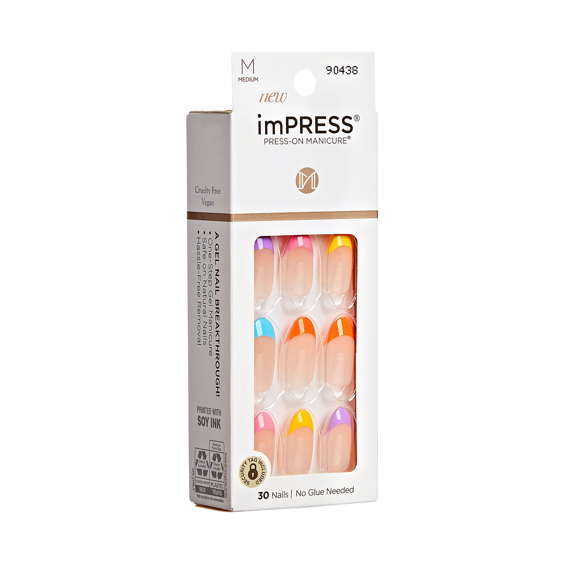 KISS imPRESS Medium Almond Gel Press-On Nails, Glossy Multicolored French, 30 Pieces