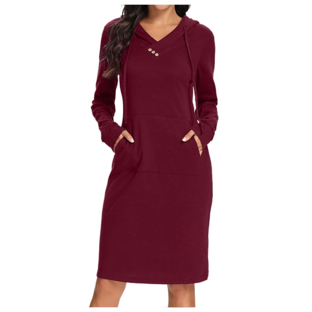 Vestido de manga larga con capucha y bolsillos para mujer, corte ajustado, estilo informal