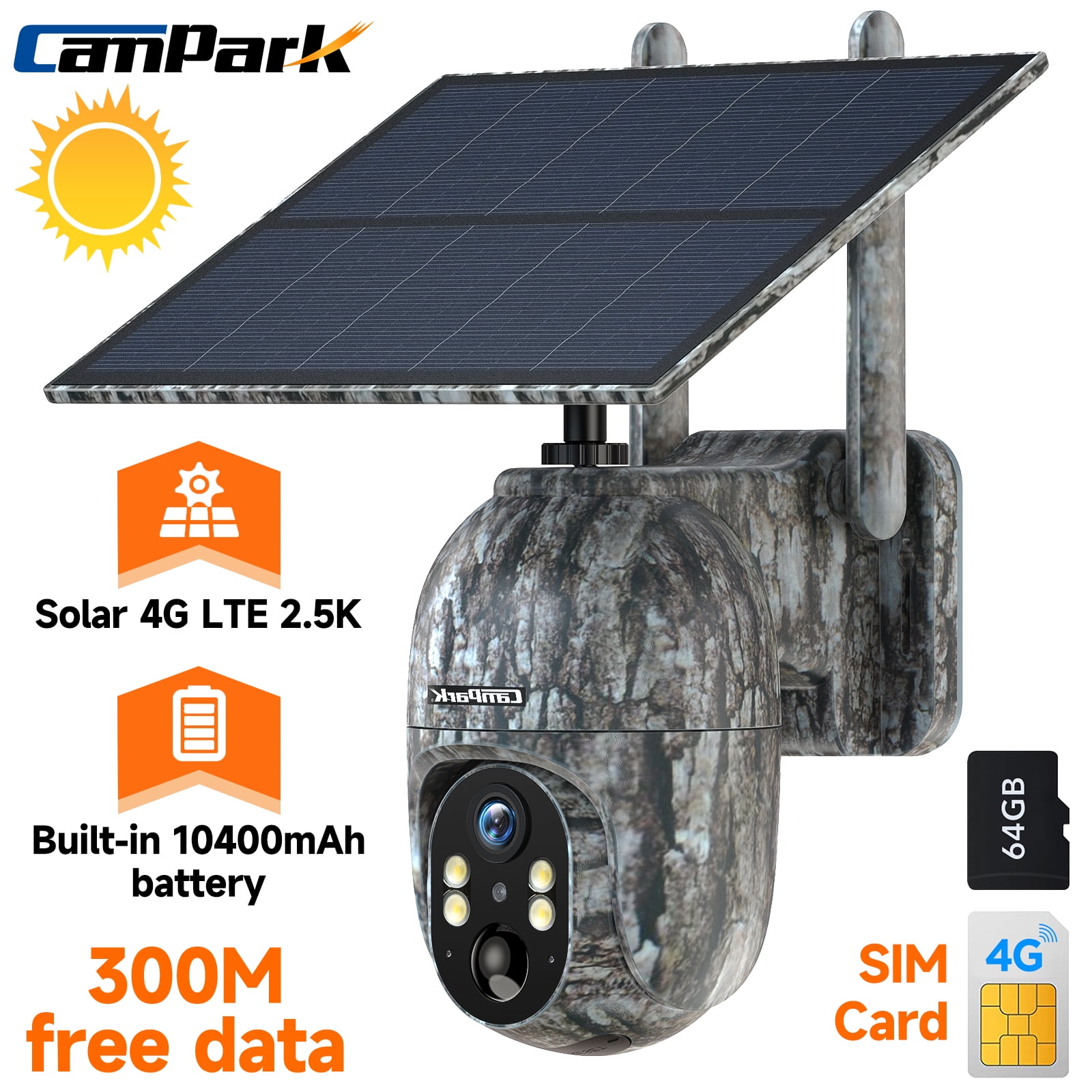 CAMPARK Cellular Trail Camera Wireless 4G LTE, Solar Game Camera with 360Pan 90Tilt, 2.5K Night Vision, Live View, Waterproof IP66, PIR Motion, No WiFi Hunting Security Cam with SIM &SD Card