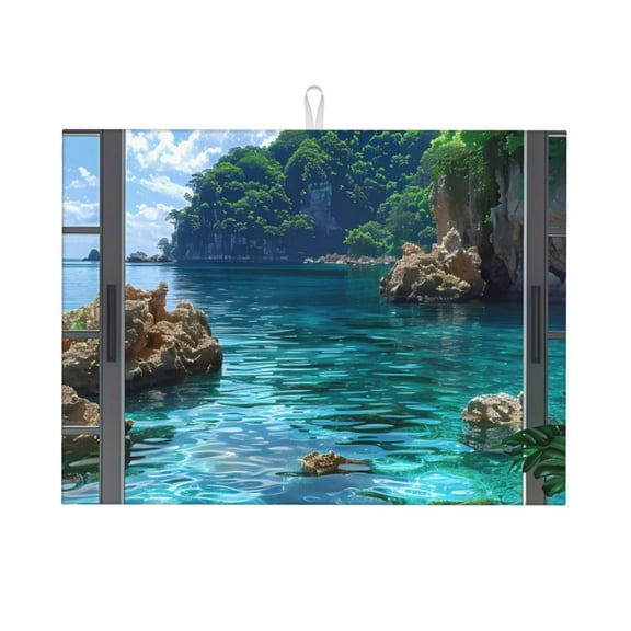 Cauagu Dish Drying Mat,24*18 inch Absorbent Dish Drainer Kitchen Counter,Dish Drying Pad for Countertops,Sinks,Draining Racks( Tropical Paradise Window View)