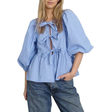Cathery Womens Bow Tie Front Tops Puff Sleeve Striped Babydoll Ruffle Shirts Summer Lace Up Peplum Blouses