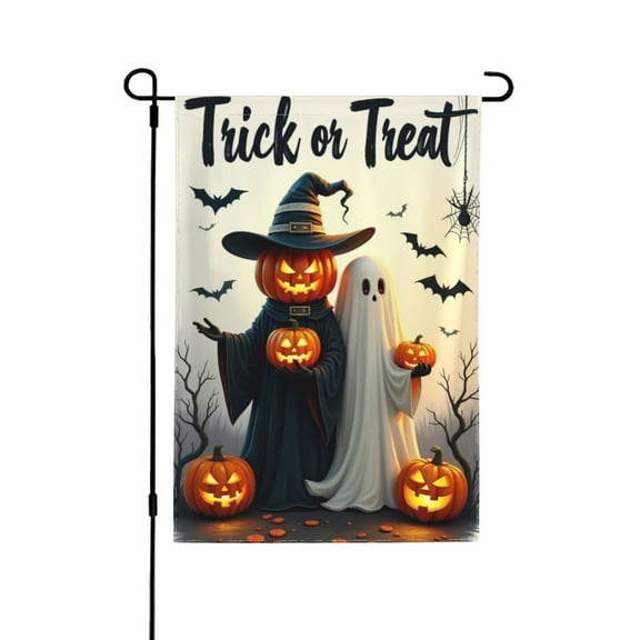 Halloween Trick Or Treat Garden Flag 12.5 X 18 Inch Ghost Pumpkin Bat Decorative Double Sided Burlap Flag For Farmhouse Yard Holiday Decoration 1 Flag