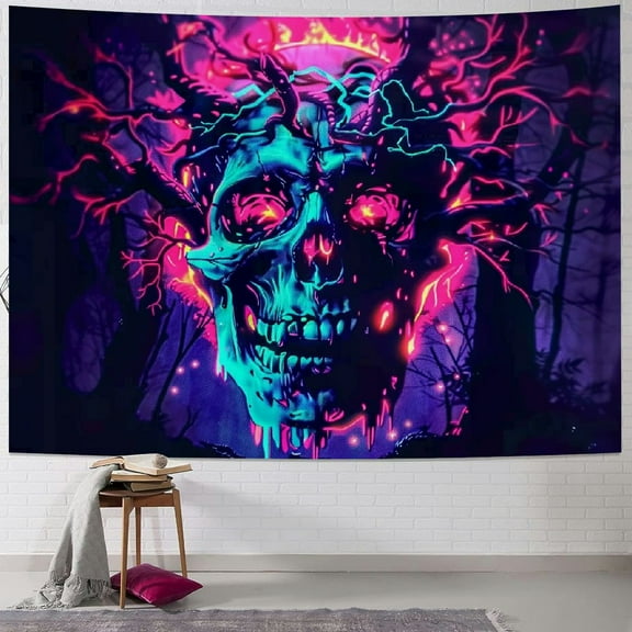 Orinice Blacklight Fire Skeleton Tapestry, Scary Dark Surrealist Wall Tapestry, Burning Skull Forest Bedroom Tapestry - 40x30inch