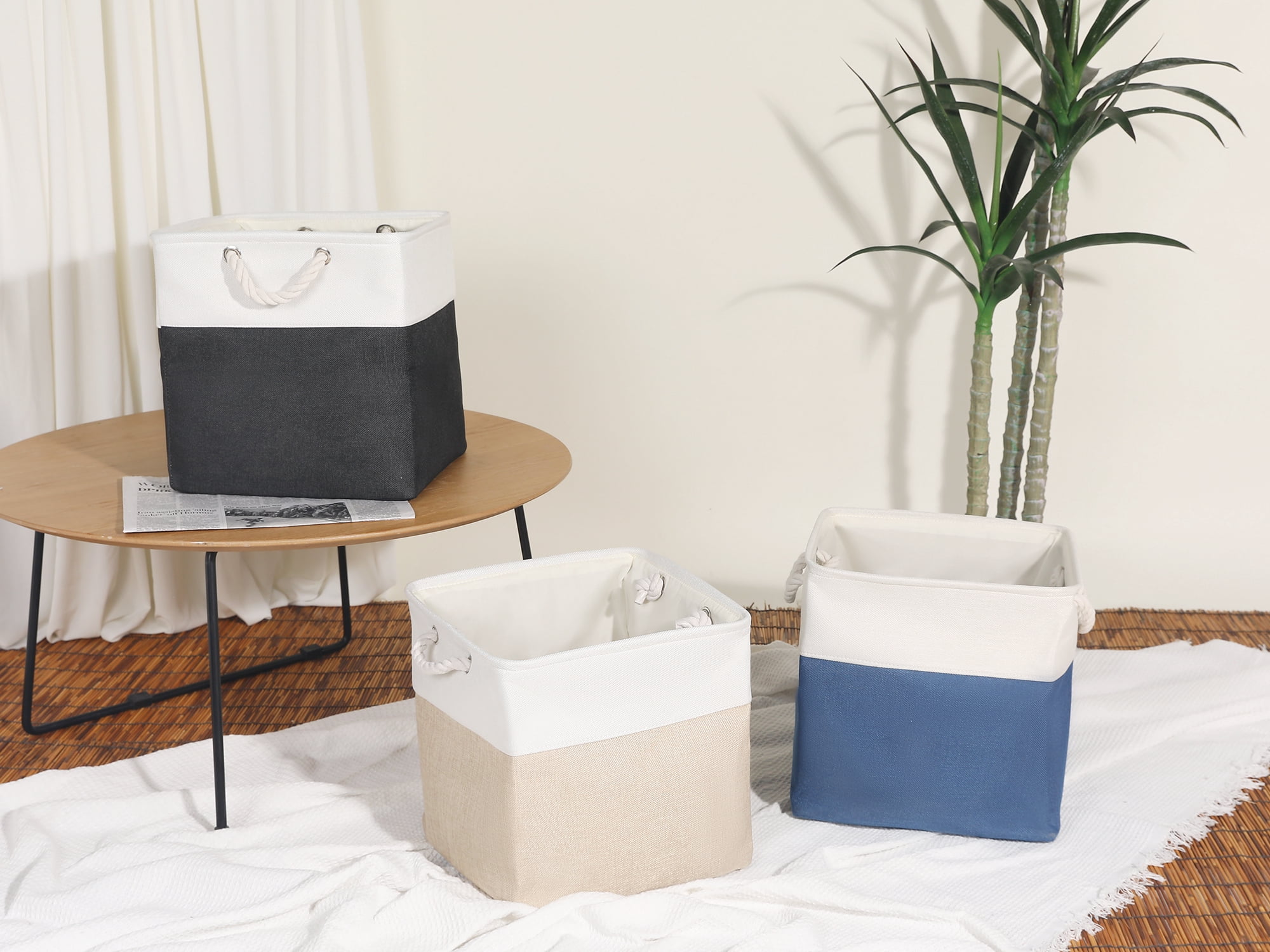 Unique Bargains Square Fabric Storage Basket Bin Beige/Blue 13inch