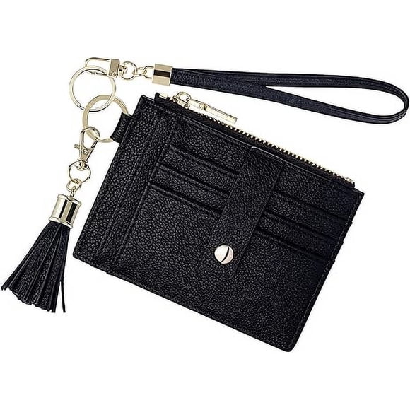 Wristlet Keychain Wallet for Women Slim Rfid Blocking Credit Card Holder Wristlet Zip Id Case Wallet Small Compact Leather Wallet Coin Purse for Women (Black)