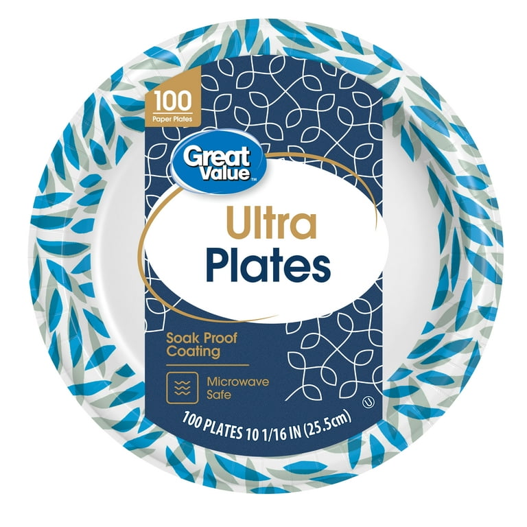Great Value Ultra Disposable Paper Dinner Plates, White, 10 inch, 100 Plates,  Patterned 