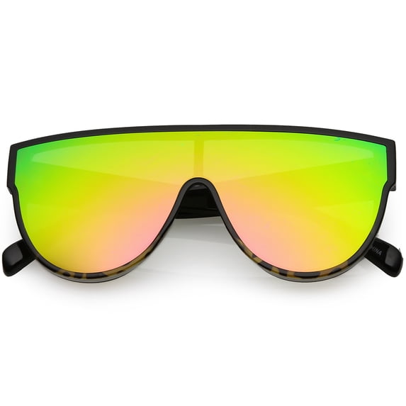 Oversize Flat Top Shield Aviator Sunglasses Mirror Mono Lens 68mm (Black / Pink Green Mirror)