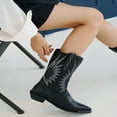 thumbnail image 3 of Embroidery Cowboy Boots for Women White Black Leather Mid Calf Chunky Heel Pointed Toe Pull on Long Booties, 3 of 8