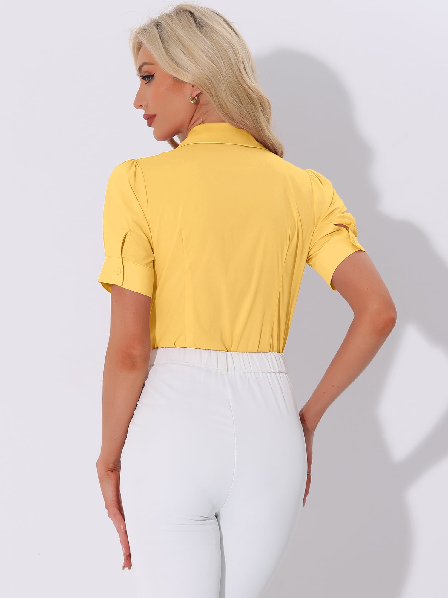DARING DIVA Office Blouse Button Down Short Sleeve Bodysuit M Yellow