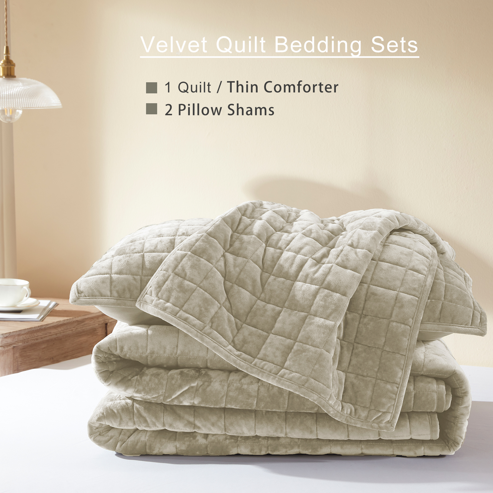 Velvet Quilt King Size-98''x106'', Lightweight Beige Velvet Comforter Set with 2 Pillow Shams, Soft Bedspread Coverlet Quilted Bedding Set for All Season