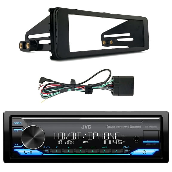 JVC KD-X480BHS Single DIN Bluetooth USB AUX LED AM/FM Radio Stereo SiriusXM Ready Amazon Alexa LED Car Audio Receiver Bundle Combo with Enrock 98-2013 Harley Install Single Din Installation Kit