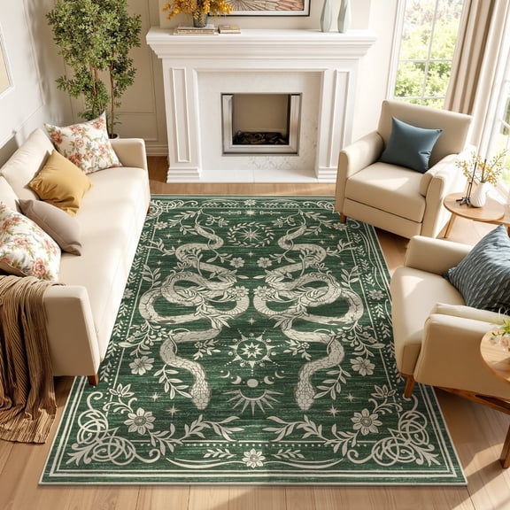 MJIAexp 5'x7' Snake Area Rugs,Washable Rugs for Living Room,Soft Vintage Bedroom Rug, Botanical Non Slip Ultra Thin Floor Carpet for Dining Room Home Office