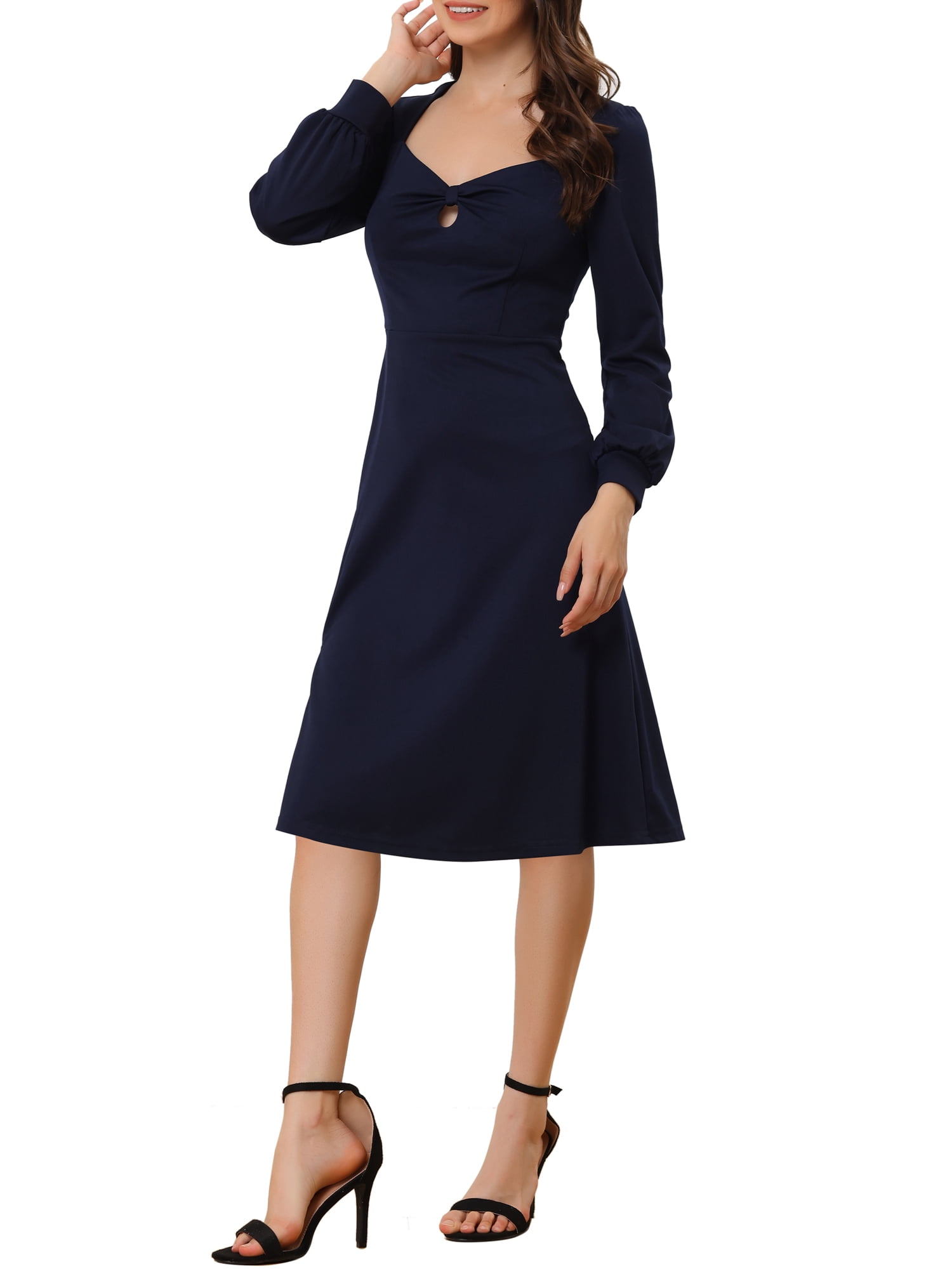 Unique Bargains Women's Neck Keyhole Front Split Midi Elegant Cocktail Dress Dark Blue XS