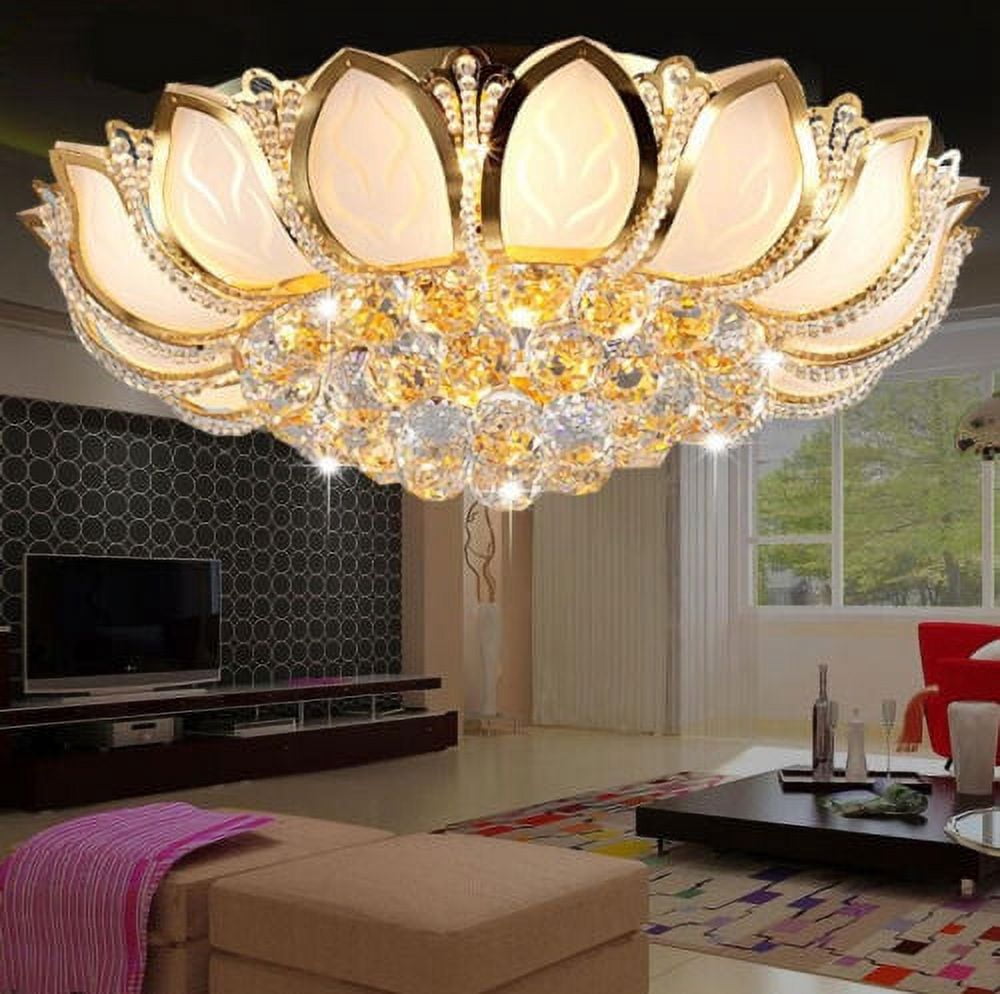 KPIBEST 23.6inch Lotus LED Crystal Large Chanderlier Lights for Living Room,Remote,Luxury Flush Mount Ceiling Light Pendant Lamp Fixture for Livingroom Bedroom