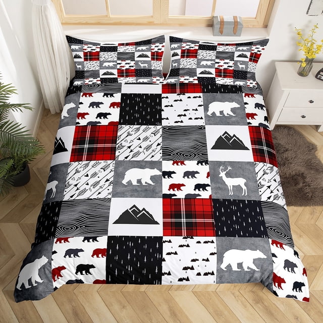 Erosebridal Jungle Bear Comforter Cover Full, Rustic Hunting Bedding Full Size, Plaid Patchwork Decor, 3-Piece